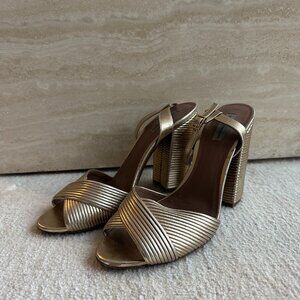 Tabitha Simmons Kali Gold Leather Pleated Heeled Sandalls